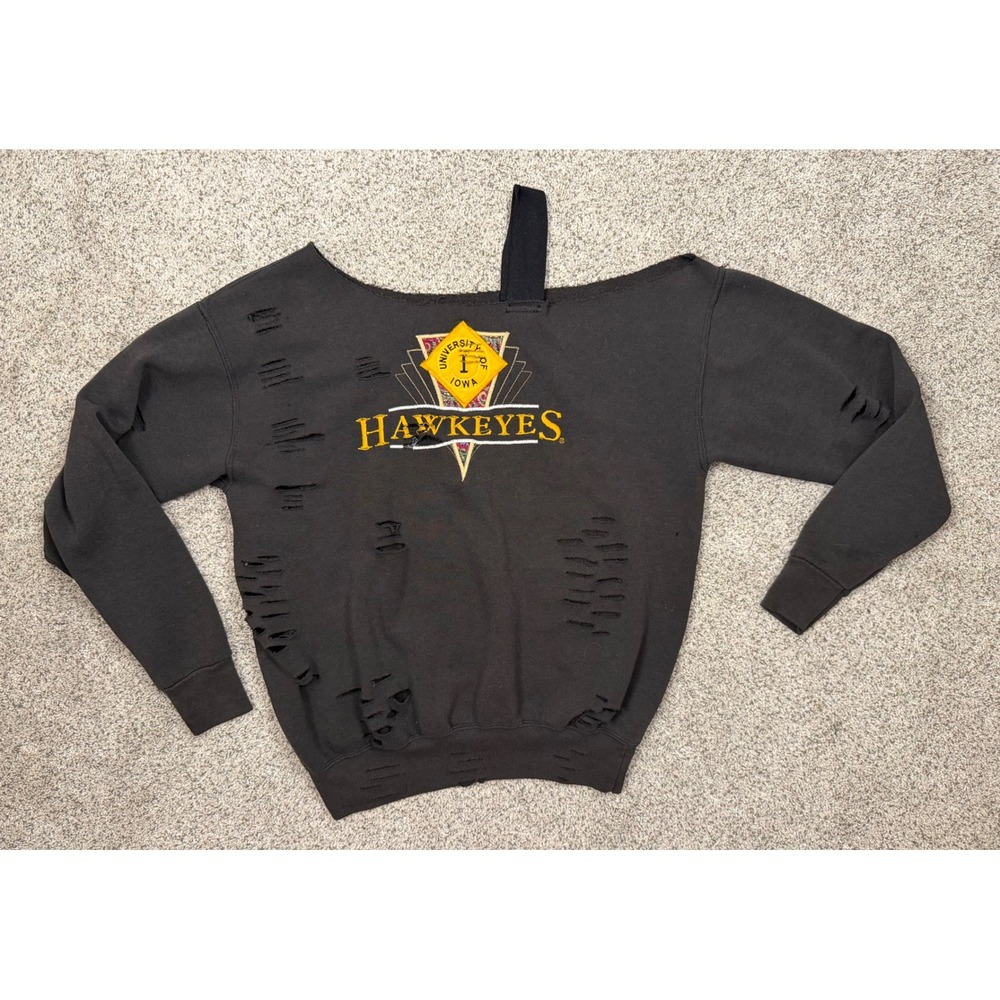 Furst of a Kind Sweatshirt Iowa Hawkeyes M Black Distressed Off Shoulder Grunge